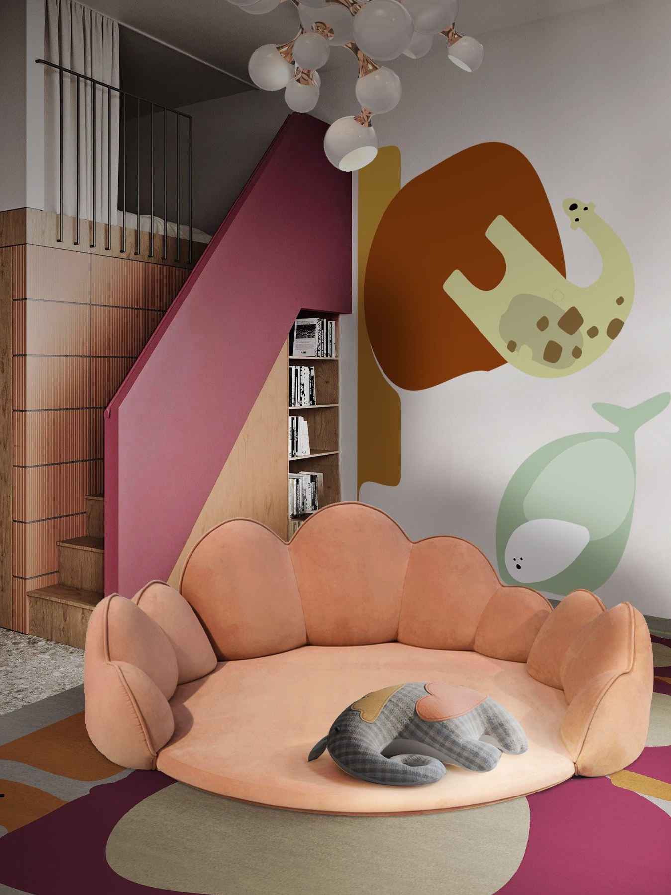 Round and Simple Bedroom with Party Animal Rug and The Turtle Tower&nbsp;Rug by Rug'Society