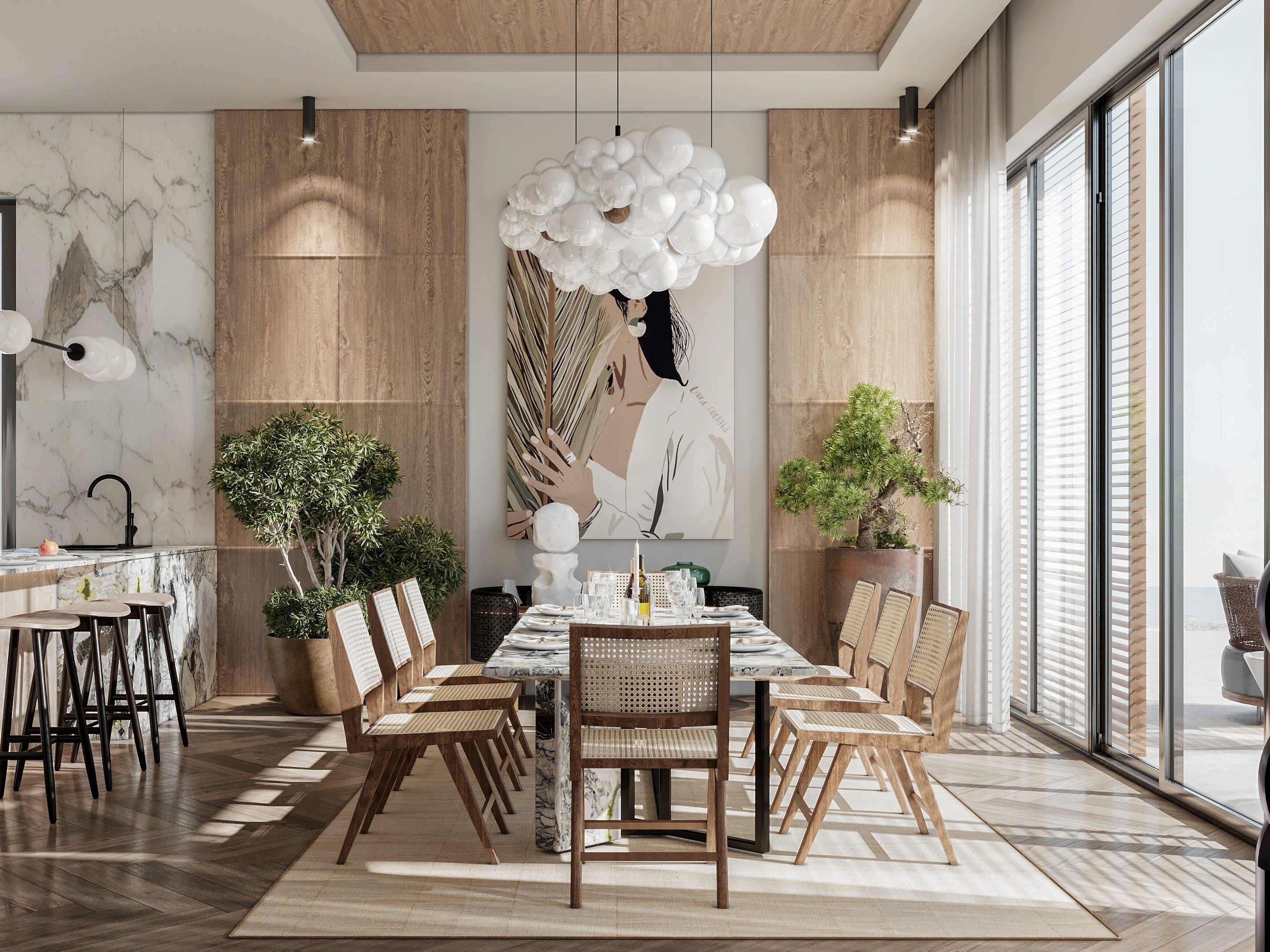 simple rustic and contemporary dining room with the WHITE GARDEN&nbsp;II by Rug'Society