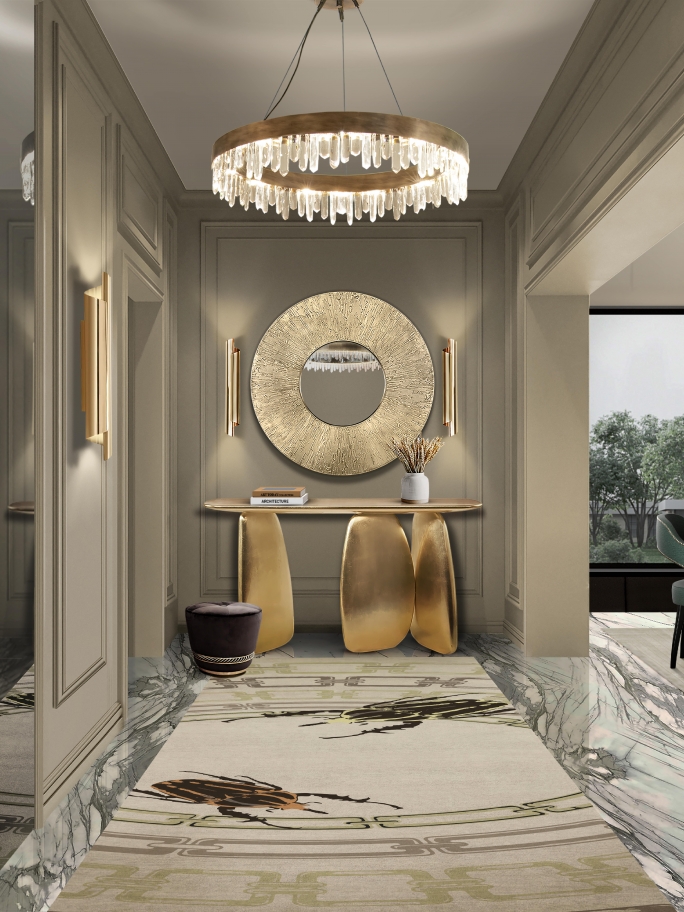 Sophisticated Gold Tones Hallway With Golden Bugs II&nbsp;Rug by Rug'Society