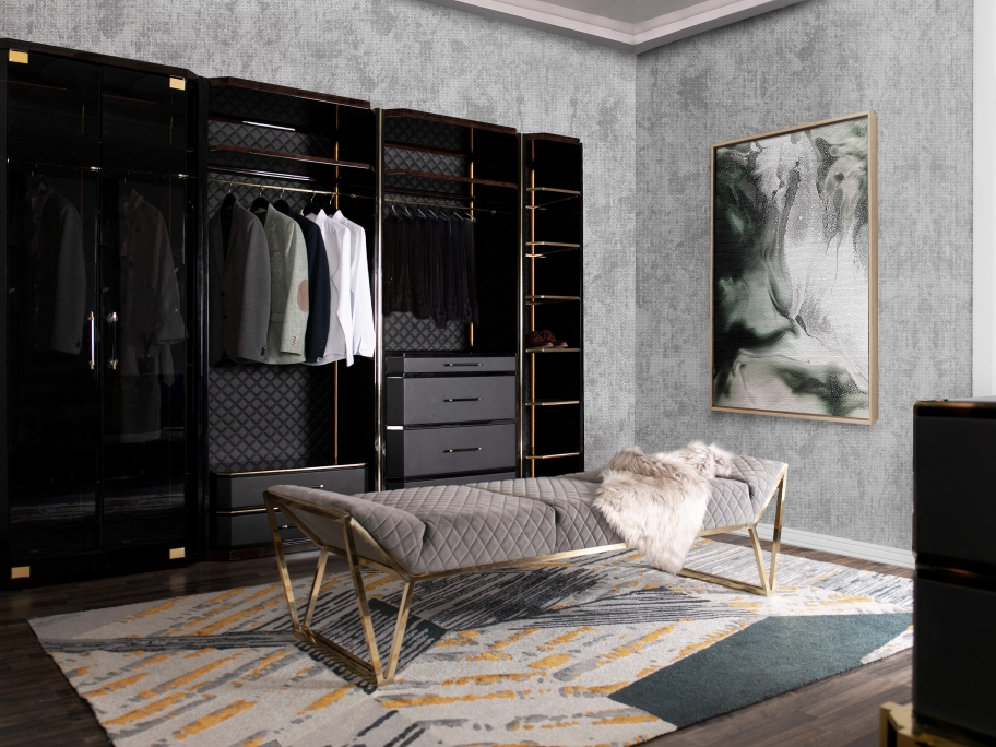 Striking Black Closet Design With Xisto&nbsp;Rug by Rug'Society