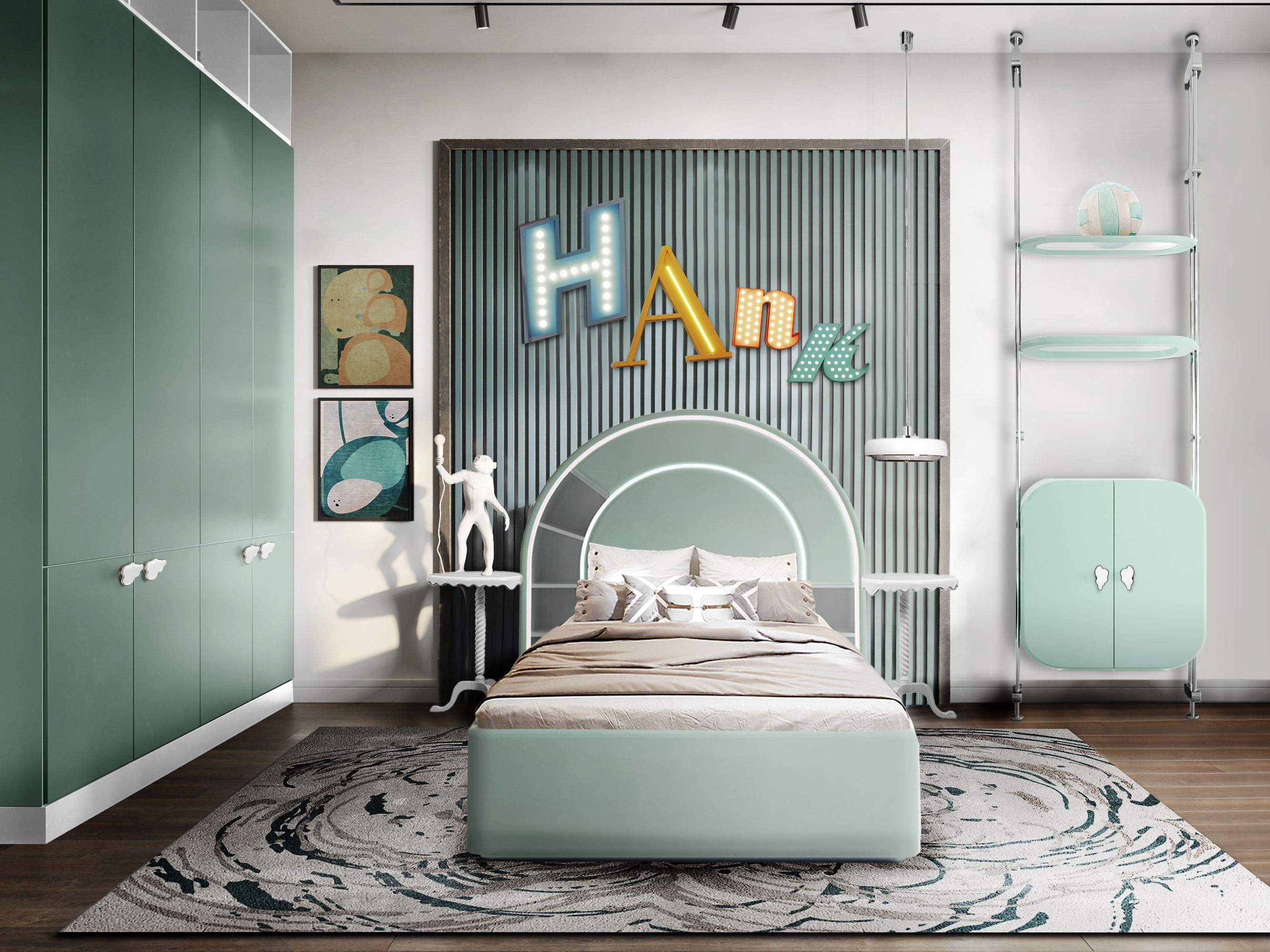 Unique Bedroom Design with Neutral and Pastel Colors, Showcasing the Merfilus&nbsp;Rug by Rug'Society