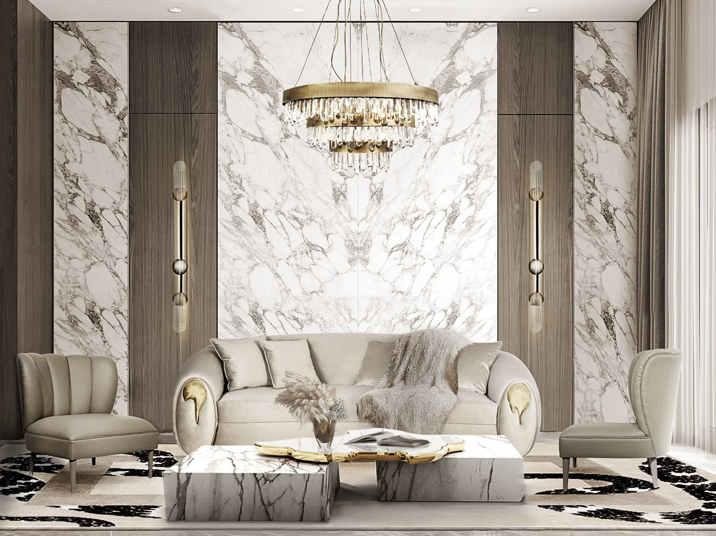 White-clad, Luxurious Living Room with the Illustrious Imperial Snake&nbsp;Rug by Rug'Society